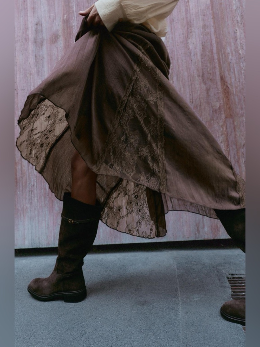 ZARA Lace Godet Chiffon Overlay Brown Maxi Elastic Waist Skirt. M NWT - Picture 4 of 16